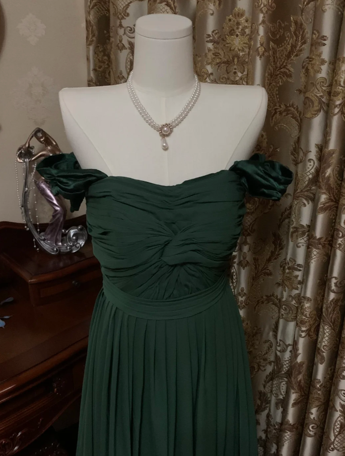 Vintage Green Off The Shoulder Satin Pleated Long Wedding Guest Dress Party Dress Prom Gown D1778