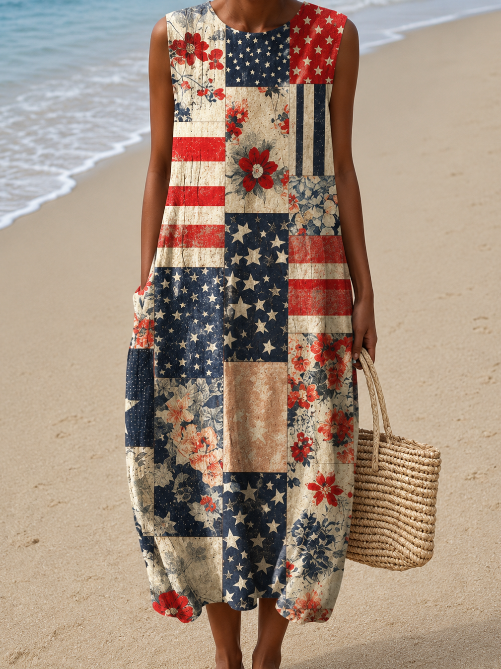 Patchwork Floral Print Round Neck Sleeveless Midi Dress