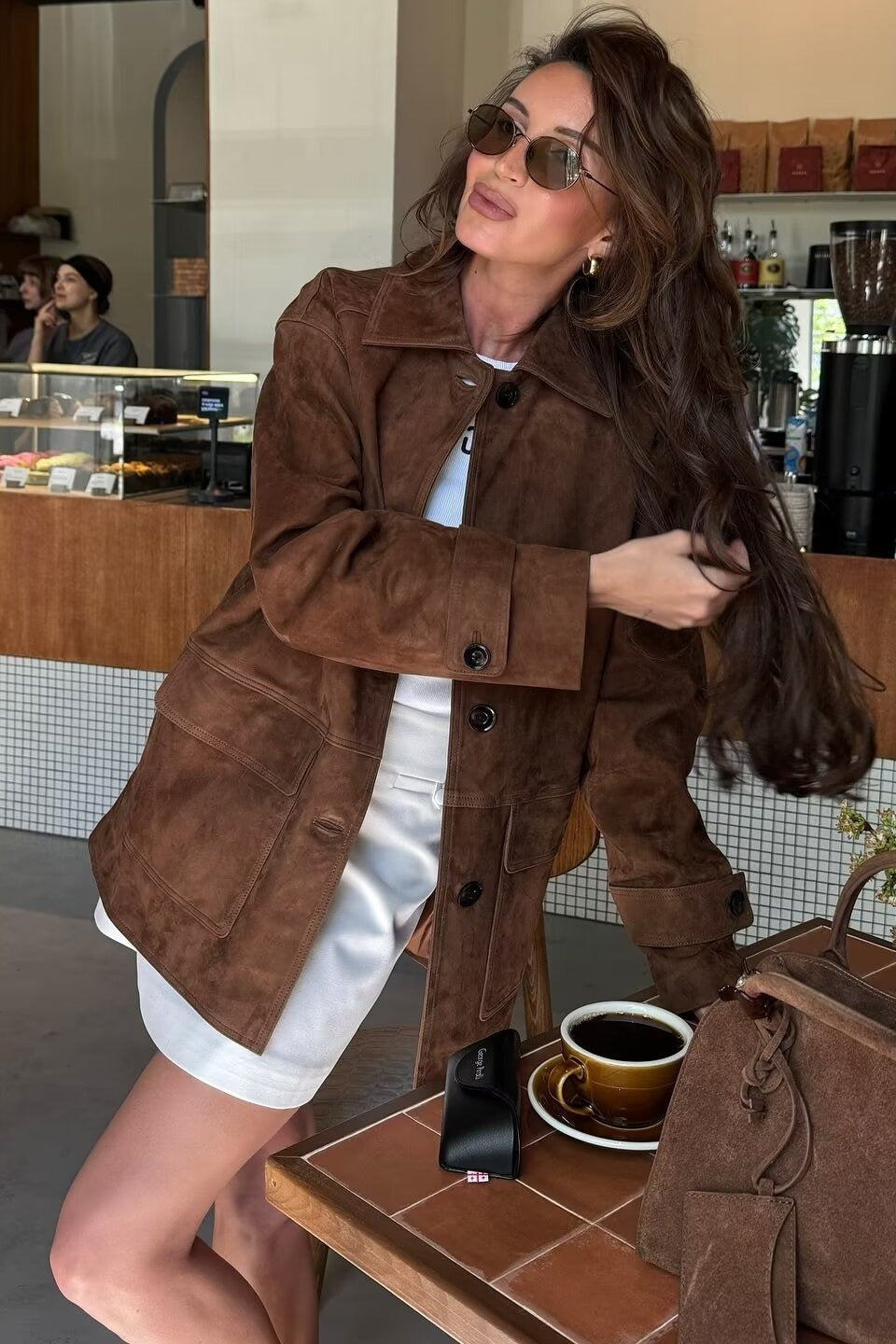 Suede Lapel Pocket Detail Coat - Fashionpara