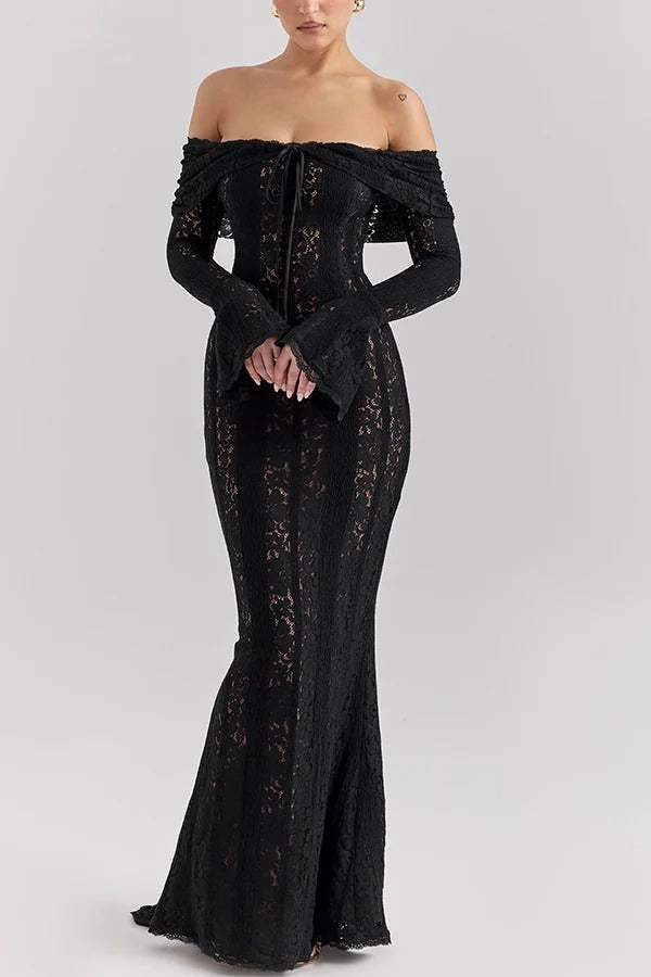 Leila Off Shoulder Floral Lace Flared Sleeve Fishtail Maxi Dress - View 2