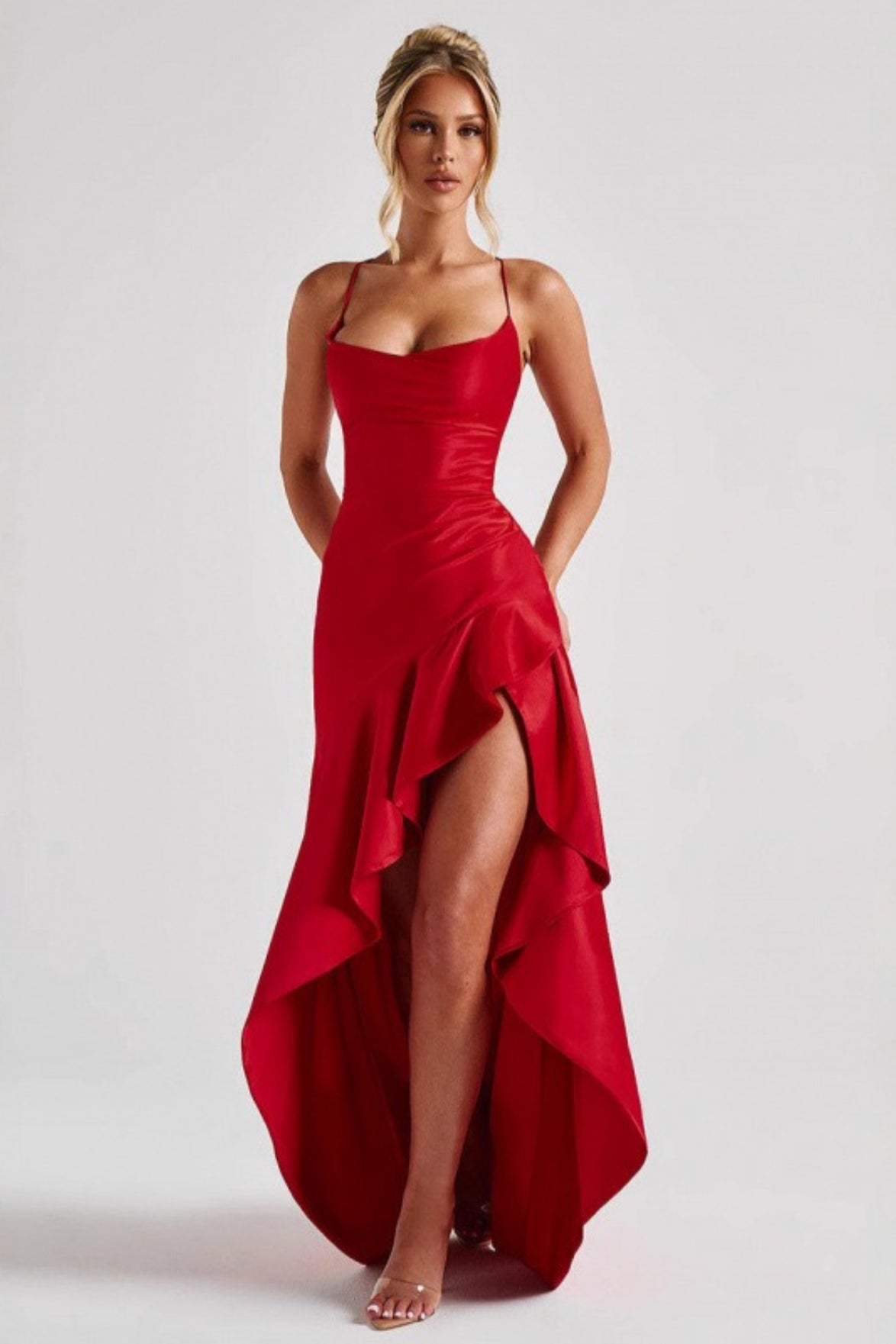 Spaghetti Strap Backless Ruffle Prom Dress
