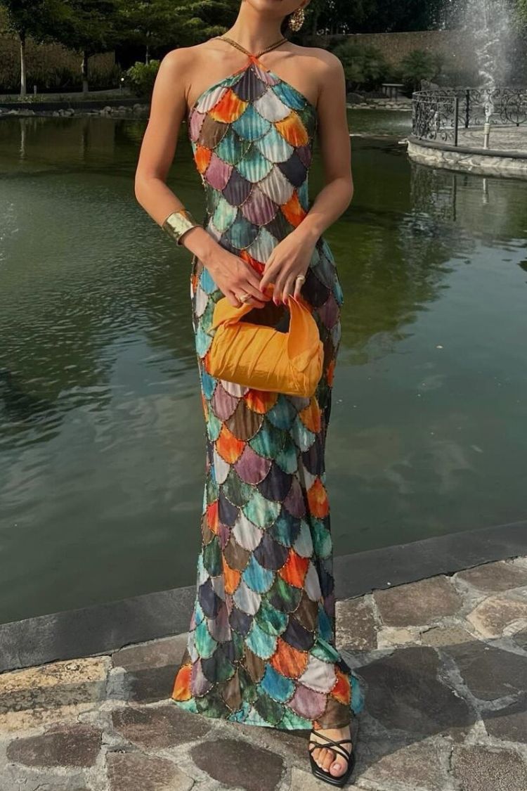 Little Mermaid Colorful Scales Print Halter Maxi Dress - Fashionpara