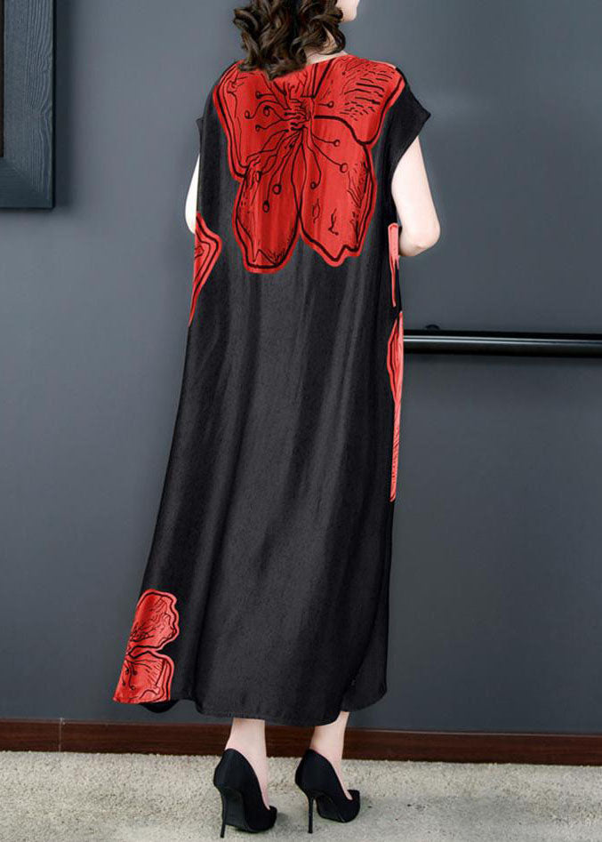 Floral Print Cap Sleeve Round Neck Side Slit Shift Midi Dress - View 4