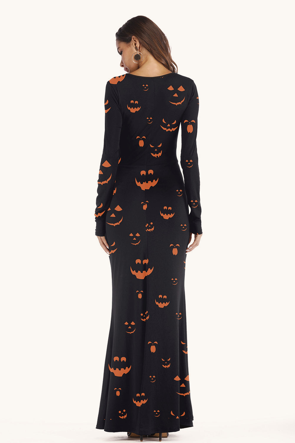 Halloween Pumpkin Digital Print Long Sleeve Maxi Dress