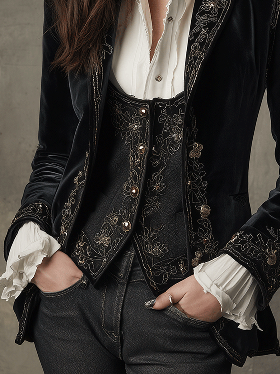 Velvet Embroidered Single Button Blazer 5