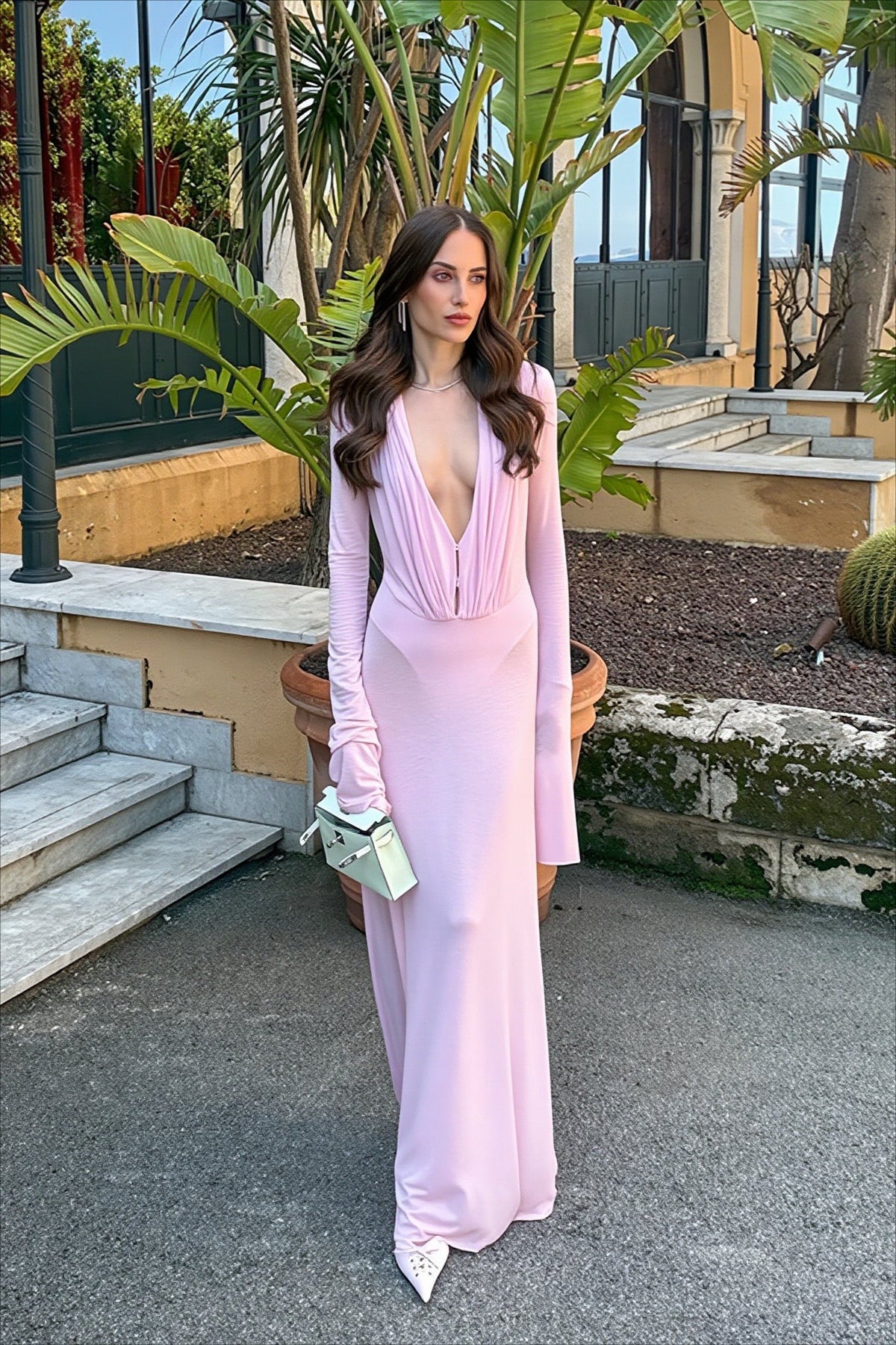 Cowl Neck Long Sleeve Plunge Bodycon Maxi Dress