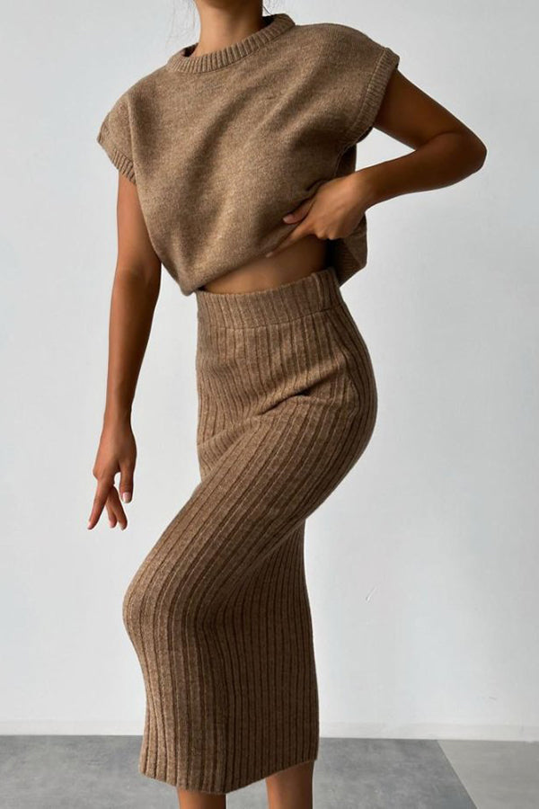 Triko Knit Short Sleeve Sweater with Ribbed Midi Skirt Set