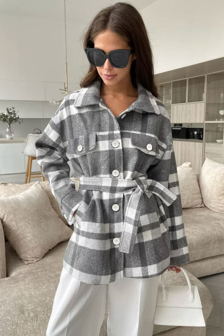 Thick Woolen Plaid Coat with Belt for Stylish Comfort