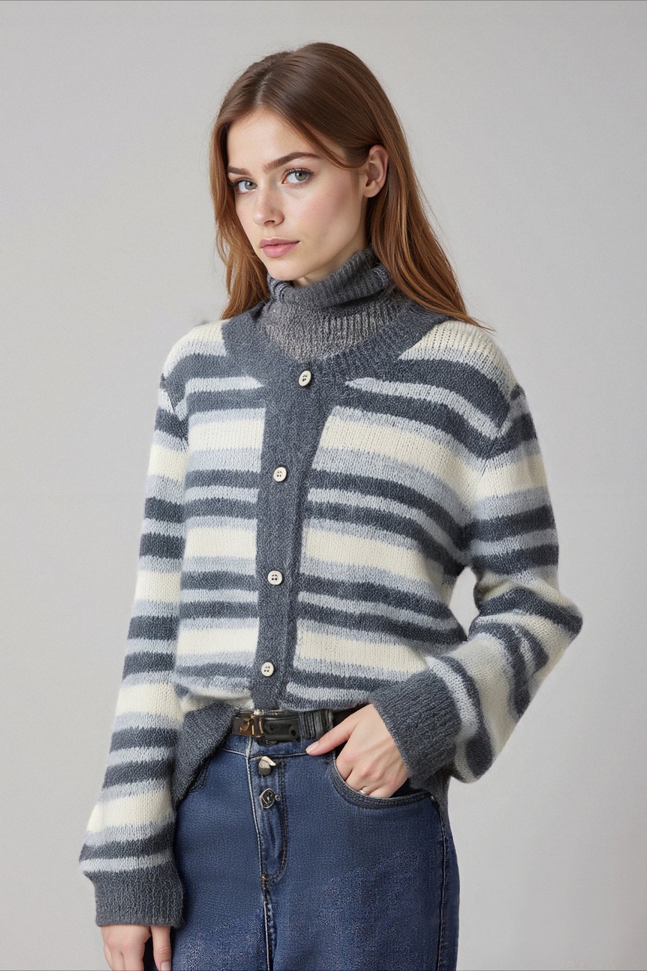 Retro Stripe Color Block Slim Fit Crew Neck Knit Cardigan