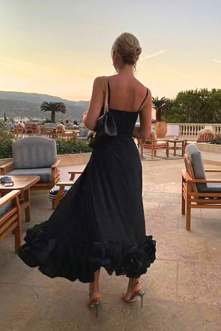 Scoop Neck Spaghetti Strap Ruffle Hem Satin Midi Dress 10