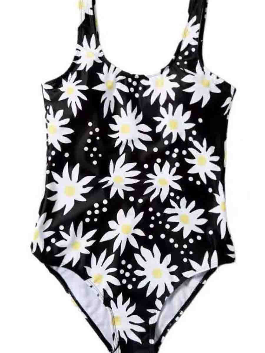 Floral Print Black One-piece Swimsuit - Fashionpara