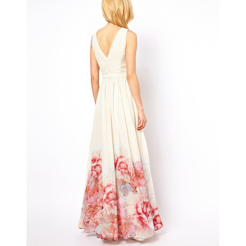 Floral Print V-Neck Sleeveless Pleated Maxi Dress