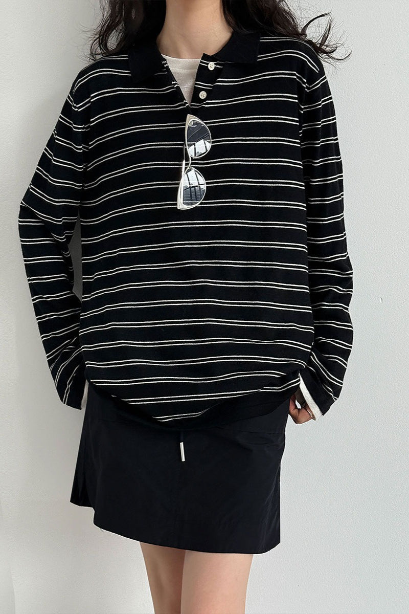 Soft Wool Striped Polo Collar Long Sleeve Blouse