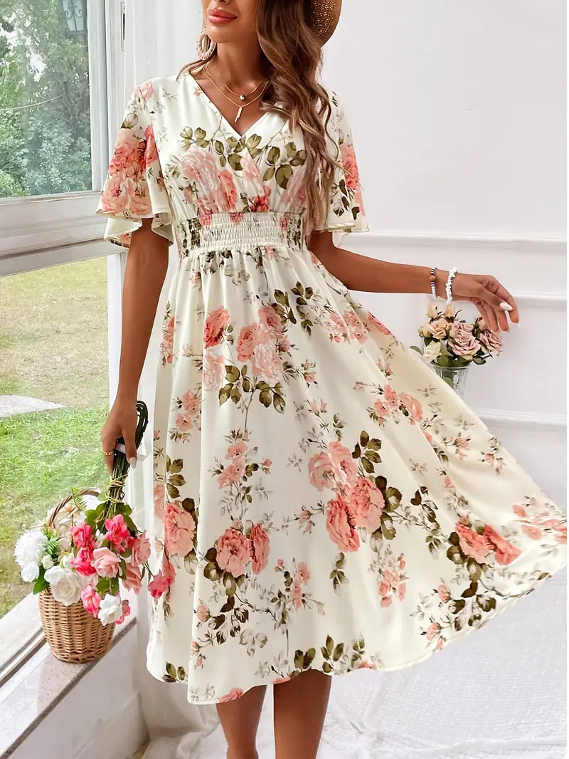 Floral Print V-Neck Flutter Sleeve Shirred Waist Midi Dress