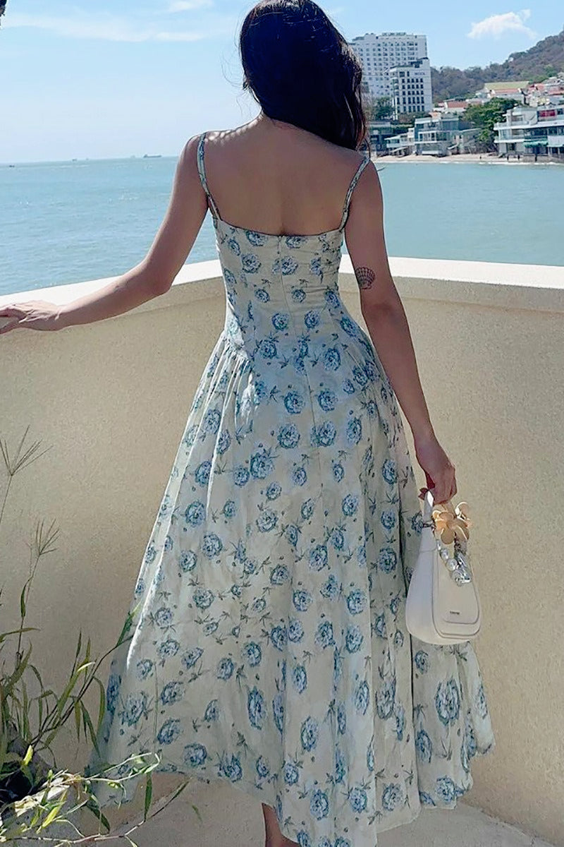 Floral Print Sweetheart Spaghetti Strap A-Line Maxi Dress