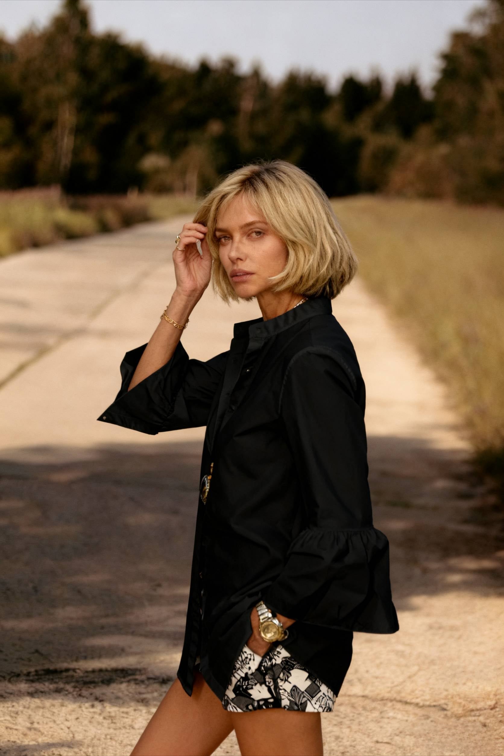 Blouse Office Arm - V Button Women's Flare Up White Neck Blouse - Fashionpara