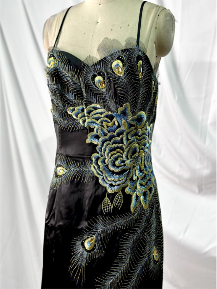 Vintage Black Peacock Feather Embroidered Slim-Fit Satin Long Prom Dress Evening Dress P4384