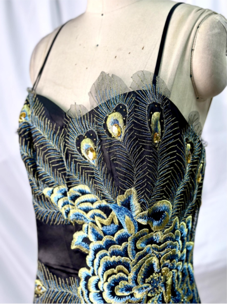 Vintage Black Peacock Feather Embroidered Slim-Fit Satin Long Prom Dress Evening Dress P4384