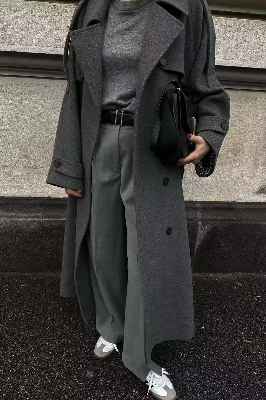 Belted Slim-Fit Woolen Long Overcoat for Elegant Style