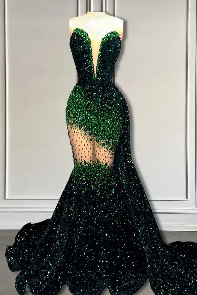 Glamorous V-Neck Sequins Prom Dresses Mermaid Sleeveless Crystal - Fashionpara