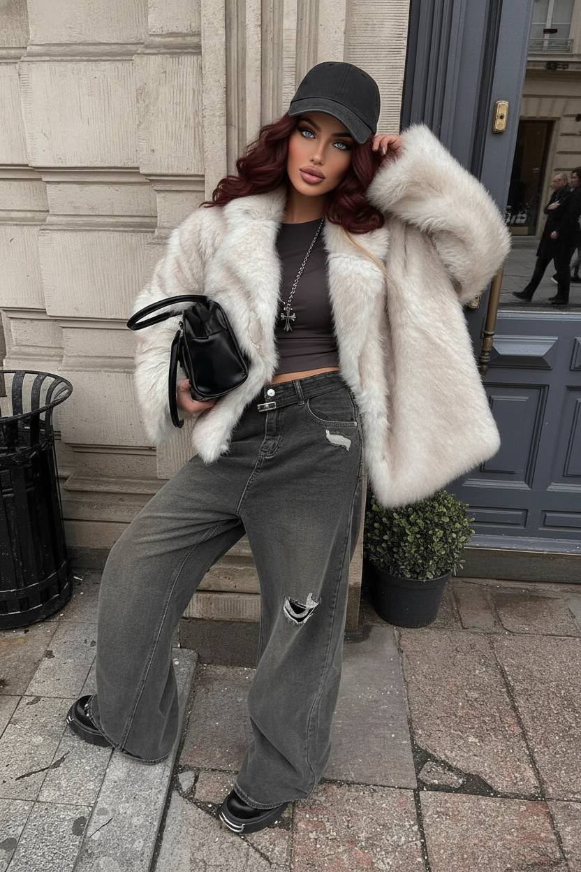 White Tip-Dyed Faux Fox Fur Mid-Length Coat - Fashionpara