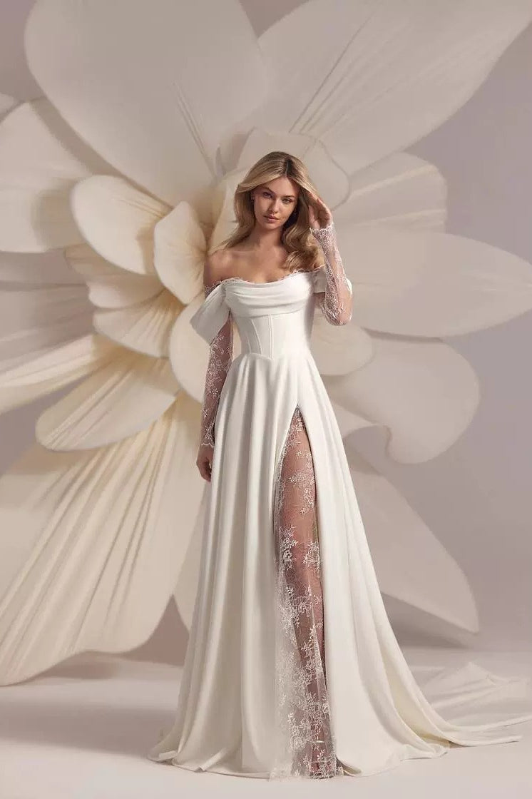 Off Shoulder Long Sleeve Lace High Split Wedding Gown