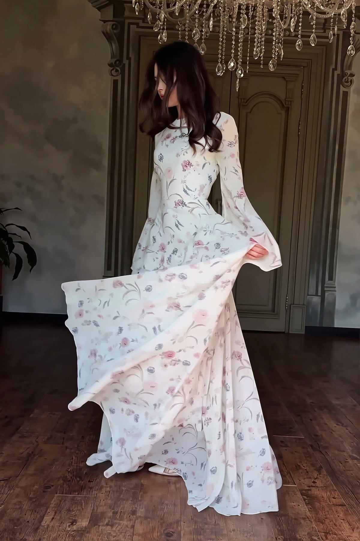Floral High Neck Long Sleeve Tiered Maxi Gown