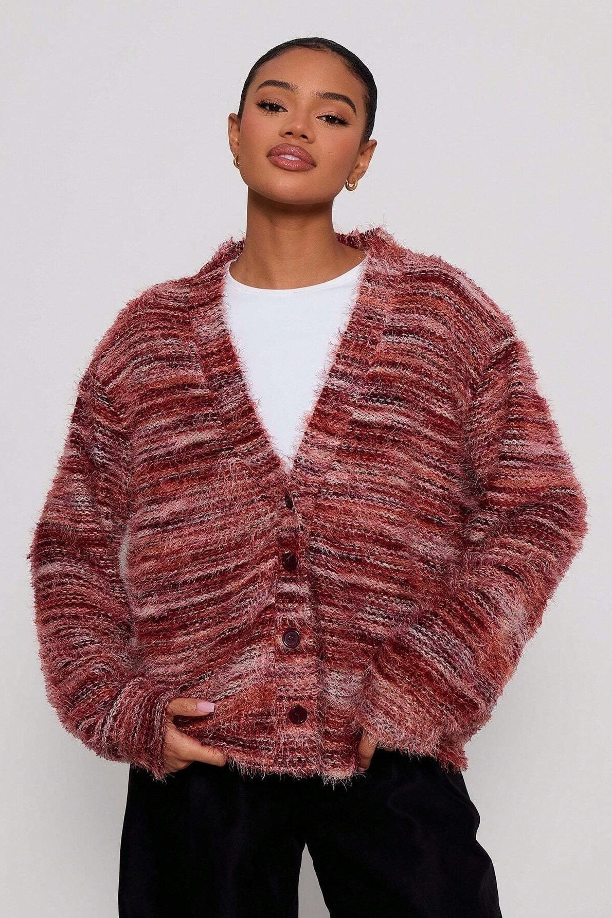 Deep V-Neck Plush Knit Cardigan for Retro Fashion Lovers