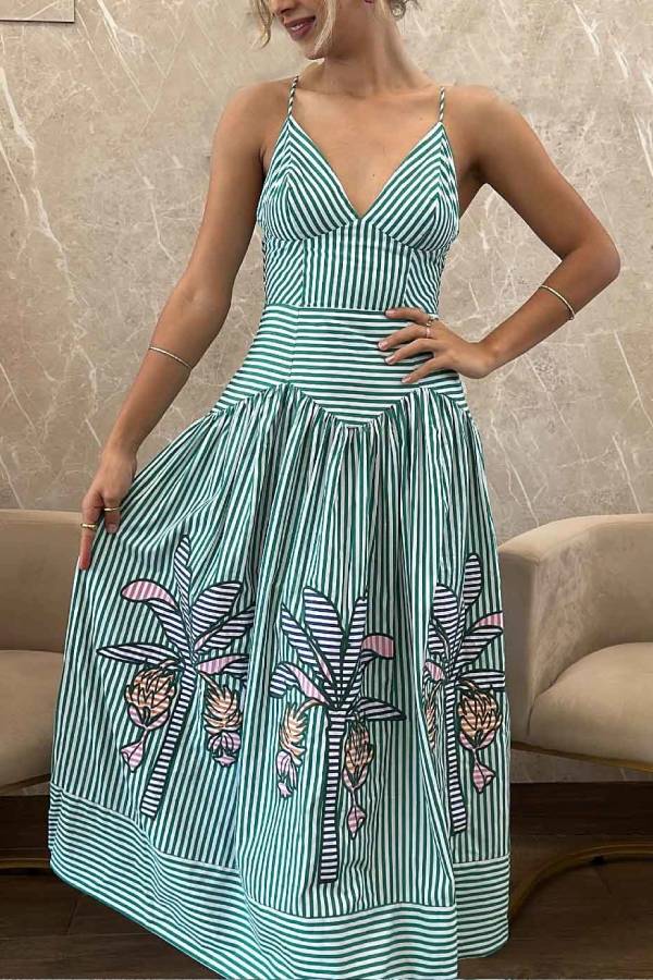 Exquisite V-neck Striped Banana Tree Print Midi Dress - Fashionpara