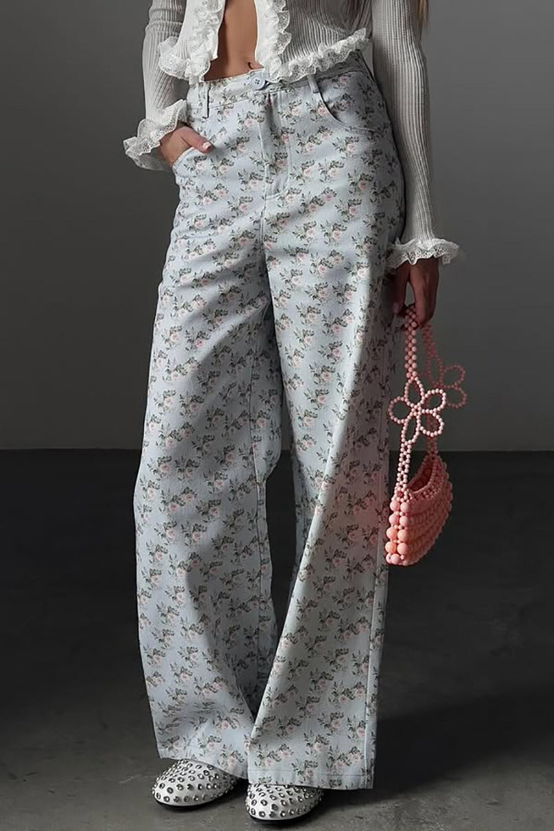 Vintage Light Floral High-Waist Wide-Leg Jeans