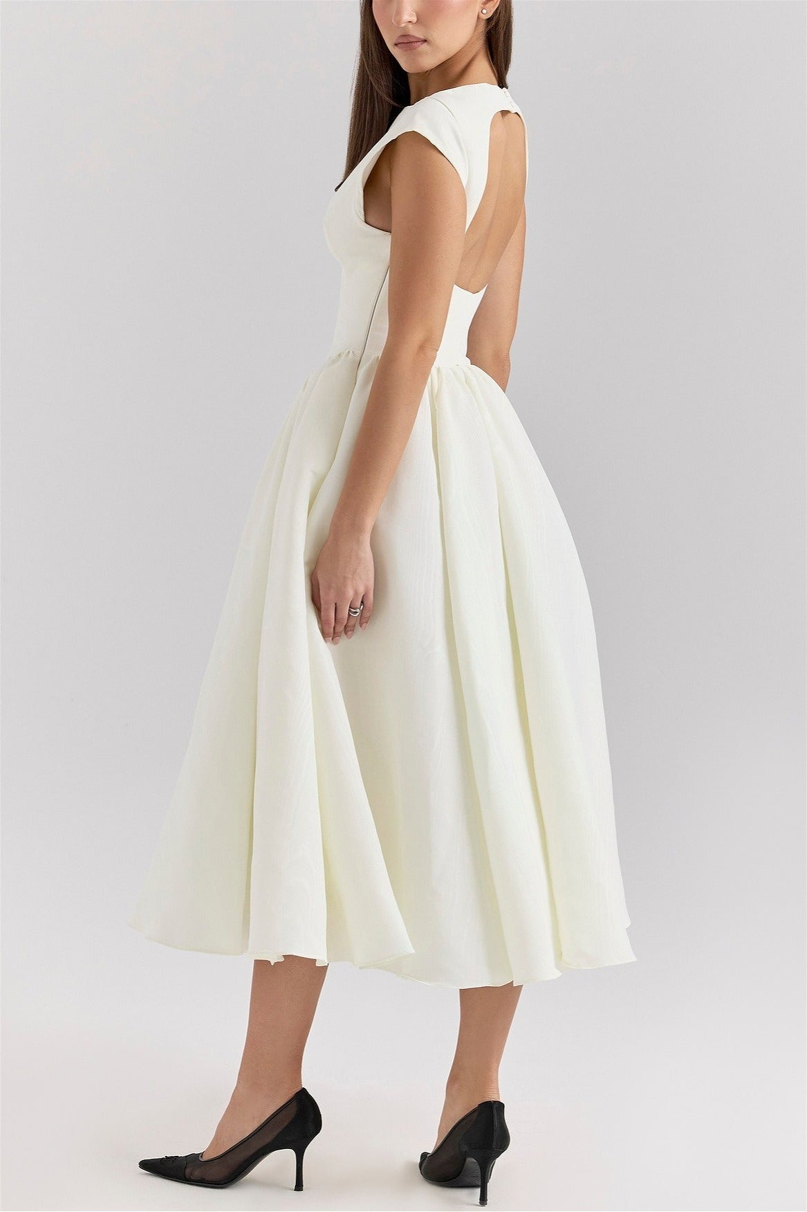 Boat Neck Cap Sleeve Fit and Flare Midi Dress
