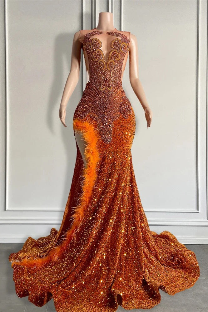 Mermaid Style Burnt Orange Sequins Long Length Prom Dresses with Side Slit Beadings and Feathers - Fashionpara