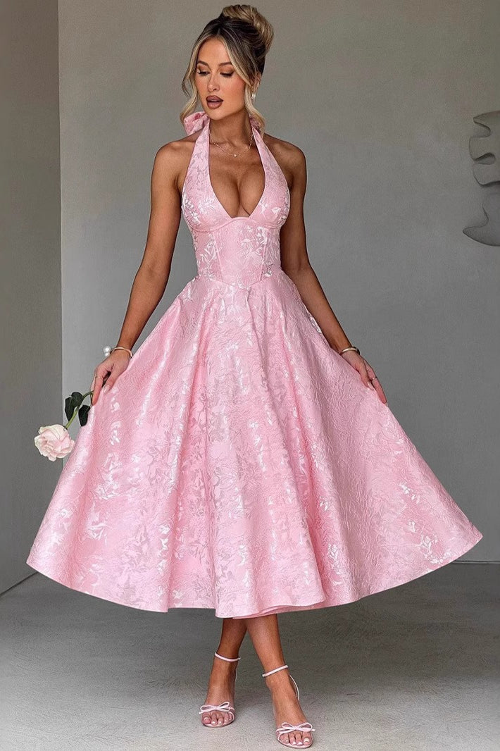 Halter Deep V-Neck Corset Jacquard Fit and Flare Midi Dress - View 5