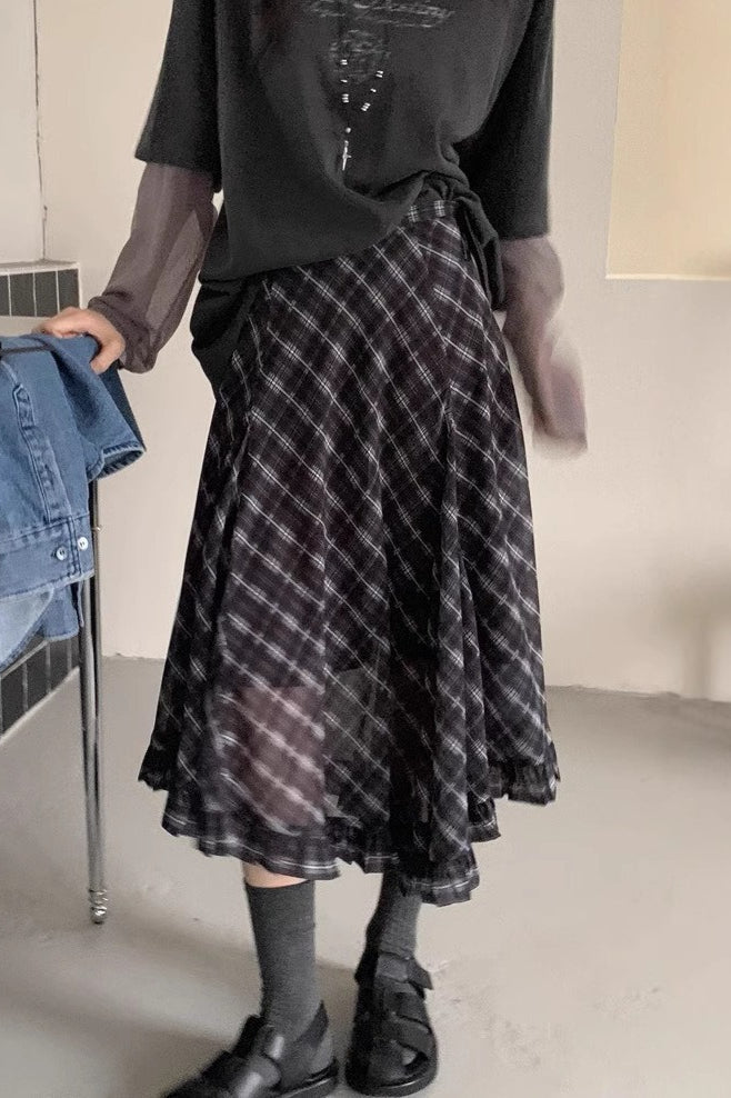 Vintage Two-Tone Plaid Asymmetrical Skirt