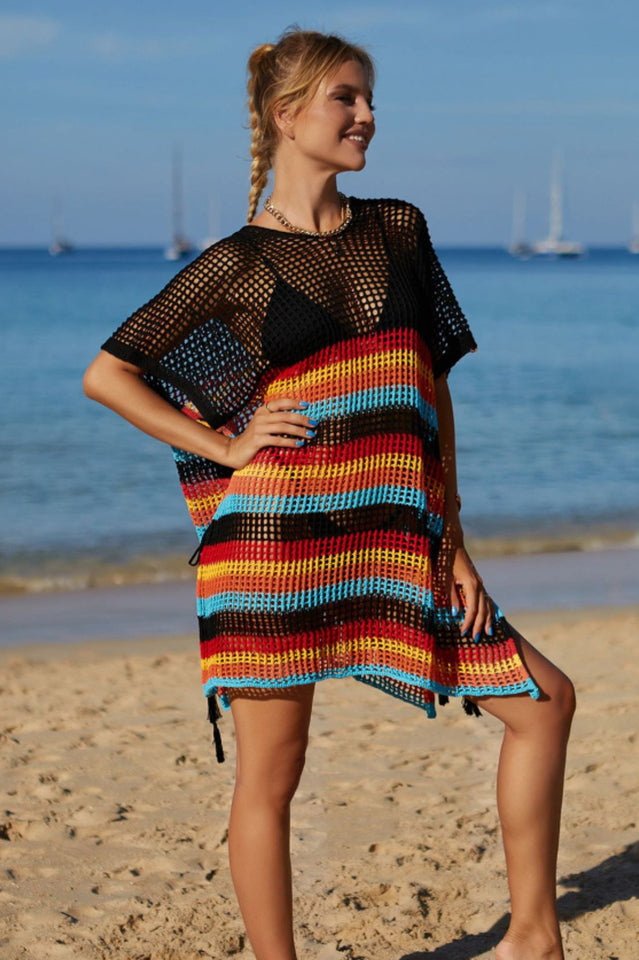 Rainbow Stripe Openwork Slit Cover Up - Fashionpara