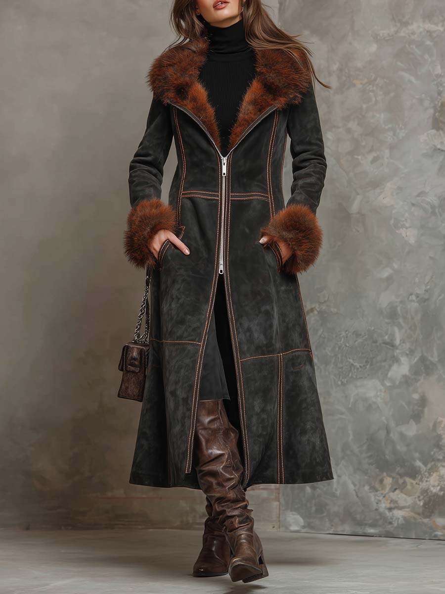 Understated Bohemian Vintage Olive-brown Faux Suede Long Coat With A Fur Collar