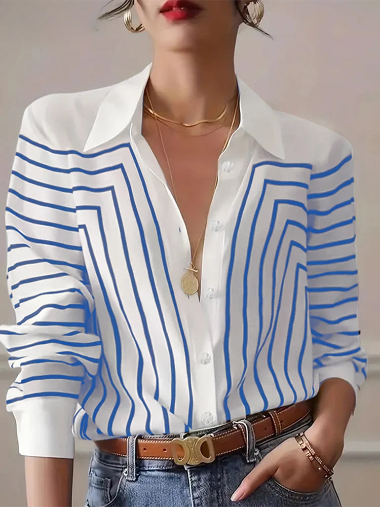 Stripe Printed O-neck Blouse Office Wear Blouse