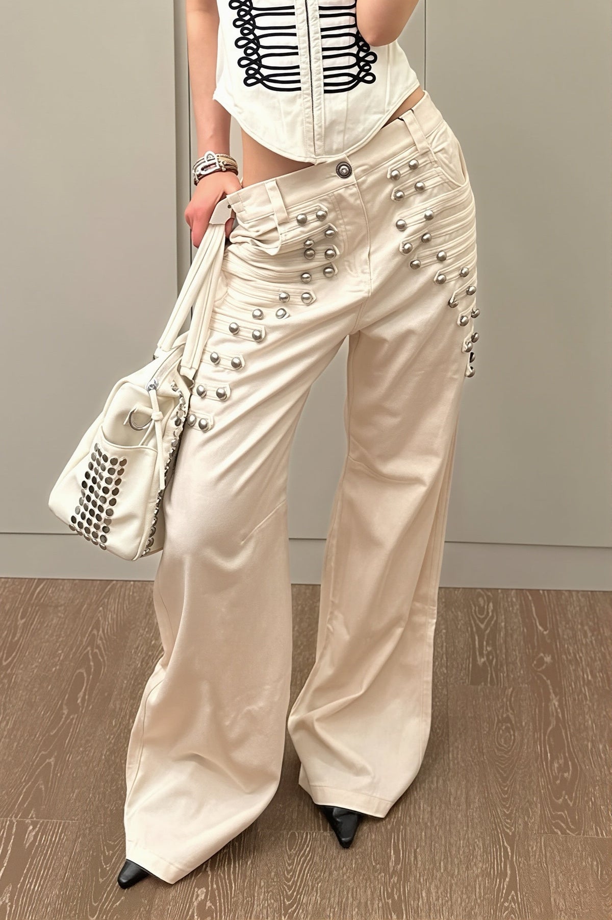 Studded Button Front Wide Leg Denim Pants