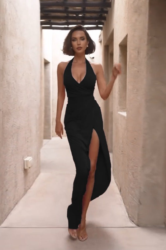 Halter Neck Deep V-Neck Ruched Wrap High Split Maxi Dress - View 9