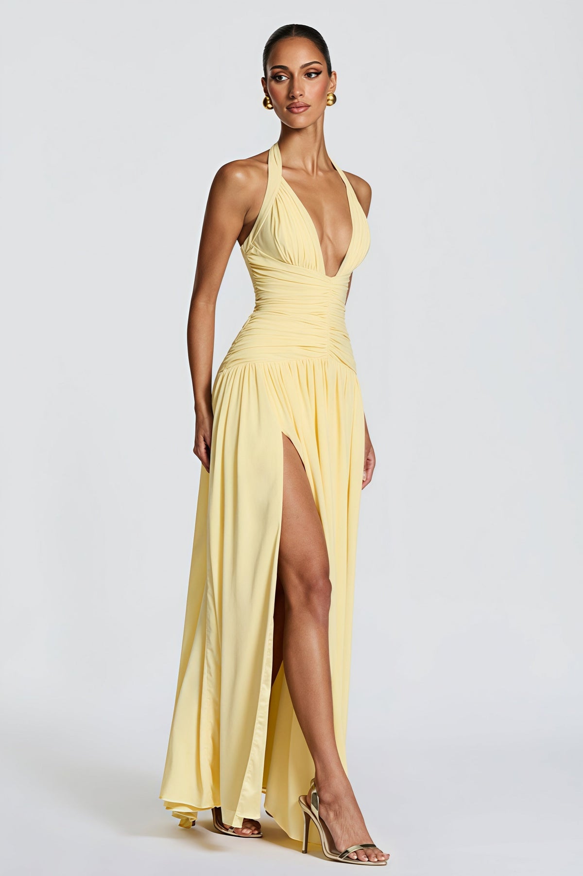 Halter Neck Plunge Ruched High Split Maxi Gown 6