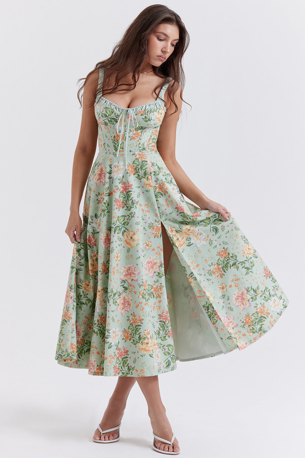 Floral Print Sweetheart Corset Slit Midi Dress 2