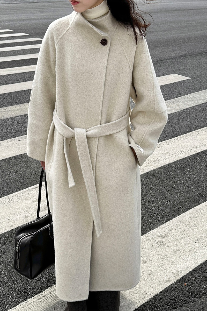 Wool Double Faced Diagonal Button Collar Long Overcoat - Fashionpara