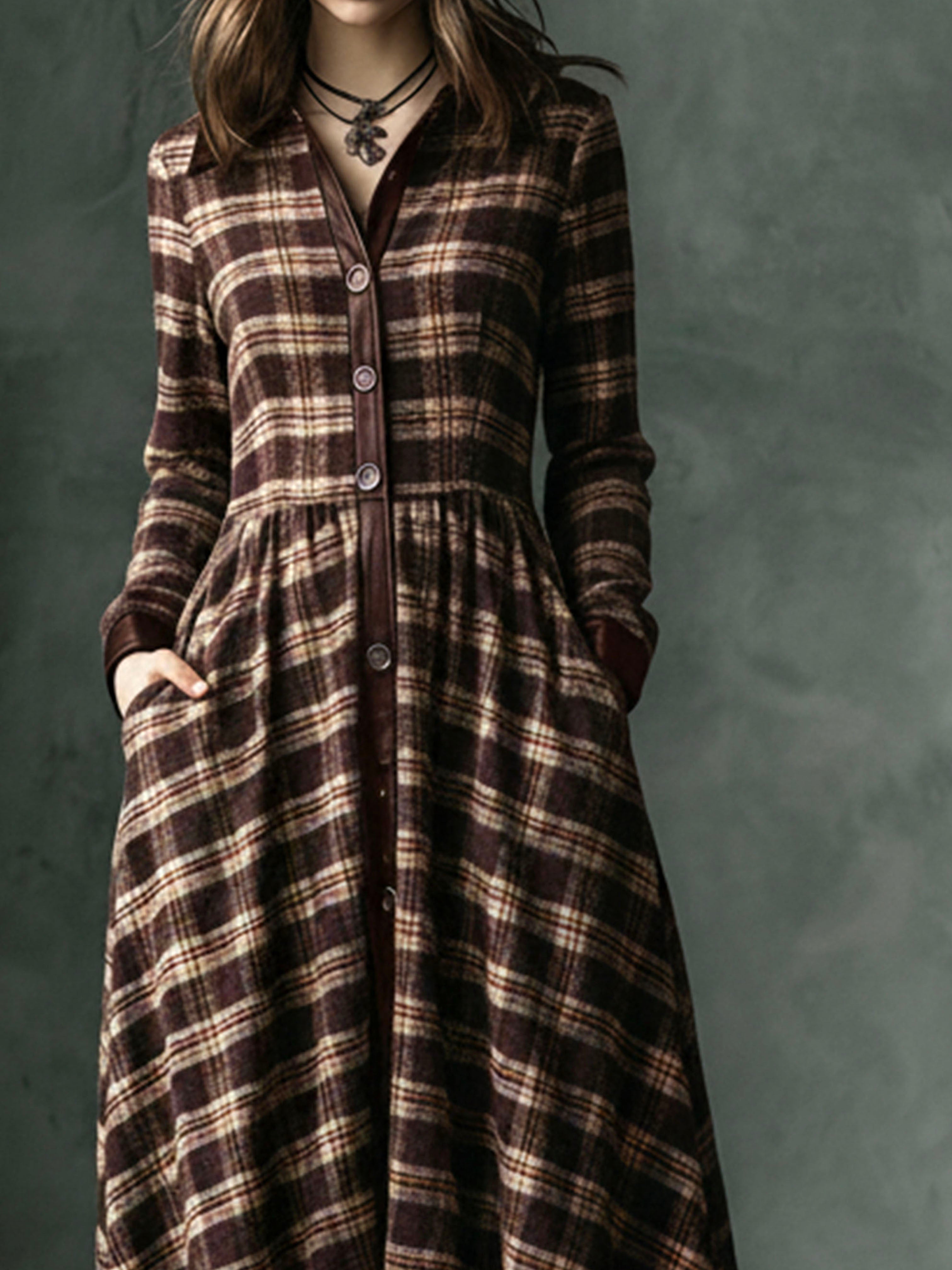 Vintage Plaid Wool Blend High-Low Coat With Pockets