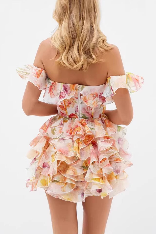 Floral Print Off-Shoulder Ruffle Tiered Corset Mini Dress