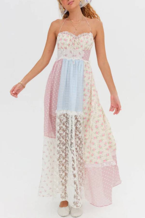 Floral Lace Sexy Halterneck Backless Patchwork Maxi Dress - Fashionpara