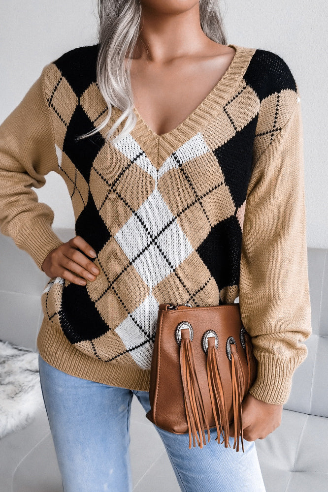 Argyle V-Neck Knit Pullover Sweater 13
