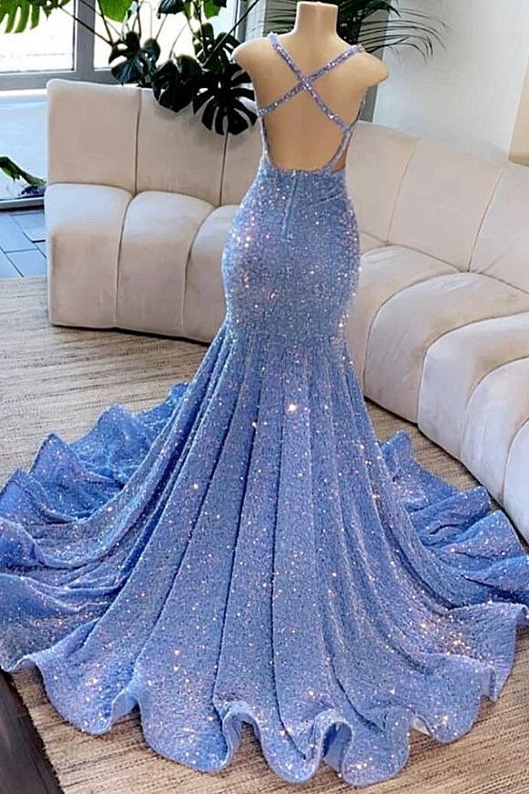 Beautiful Deep V-Neck Mermaid Sequins Backless Long Prom Dresses - Fashionpara