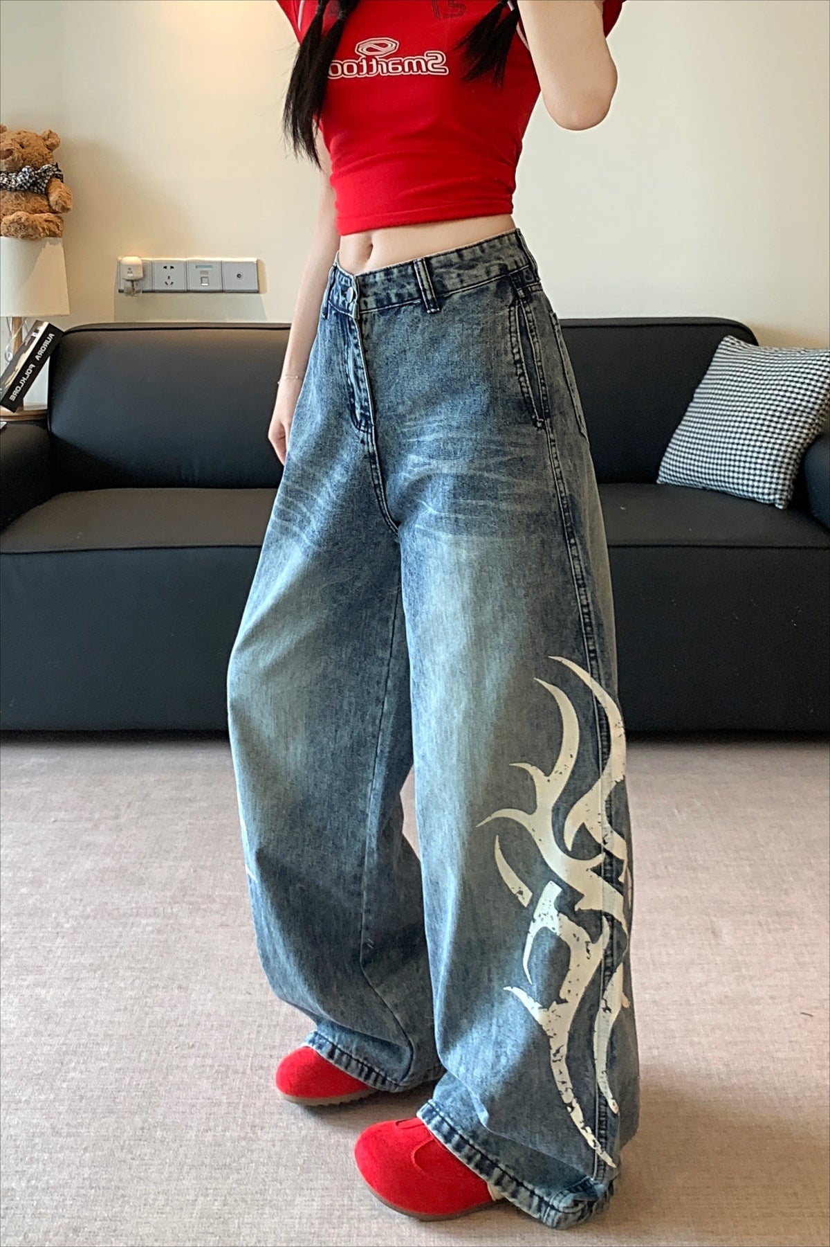 Blade Print Distressed Straight Leg Jeans