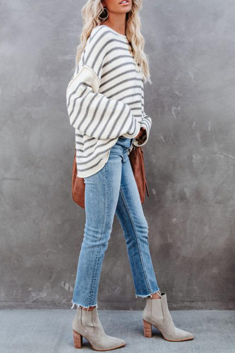 O Neck Striped Loose White Sweater  Fashionpara