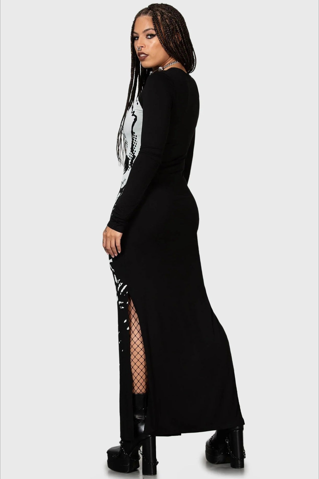 Oversized Skull Print Long Sleeve Slit Maxi Dress